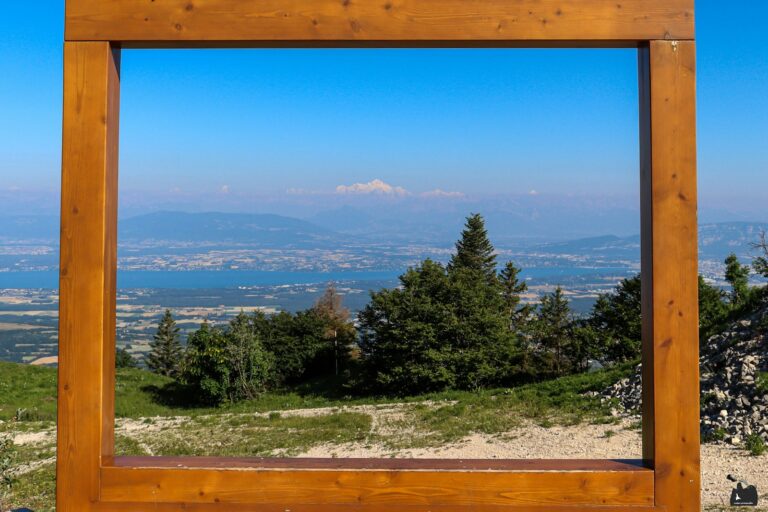 A wooden frame sitting on top of a grass covered hillside
